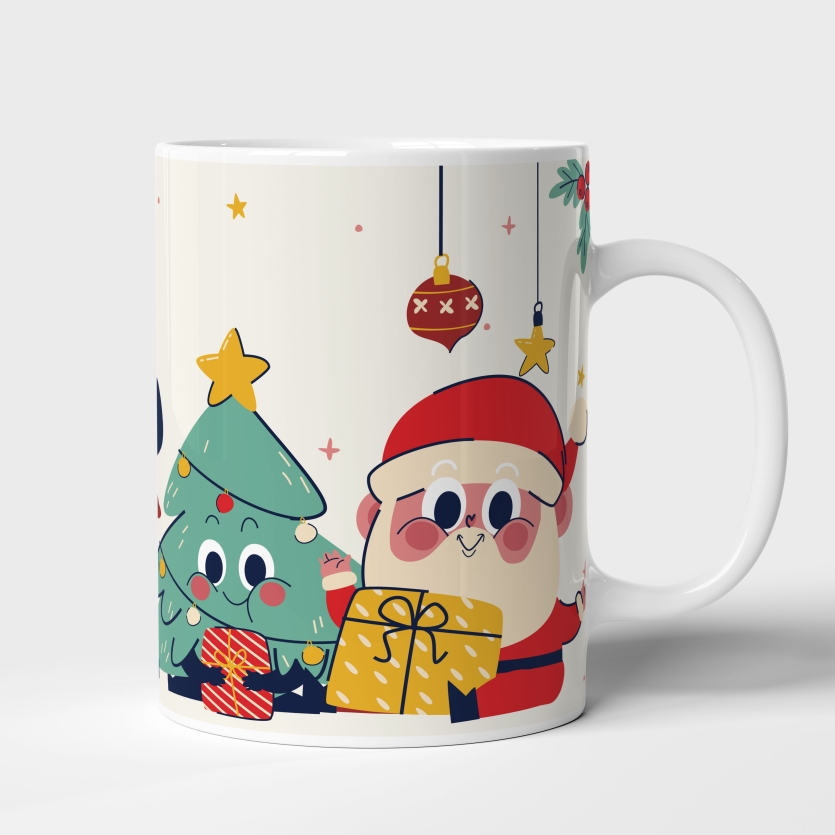Caneca de Cerâmica Natal Fofo Papai Noel, Árvore e Rena