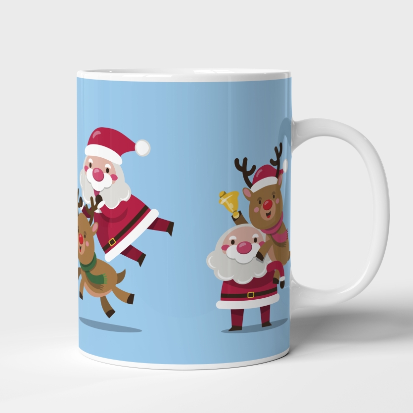 Caneca de Cerâmica "Papais Noéis Mágicos" com Diversas Representações do Bom Velhinho e Sua Fiel Rena