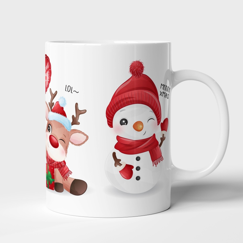 Caneca de Cerâmica "Magia do Natal" com Trindade Festiva: Papai Noel, Boneco de Neve e Rena