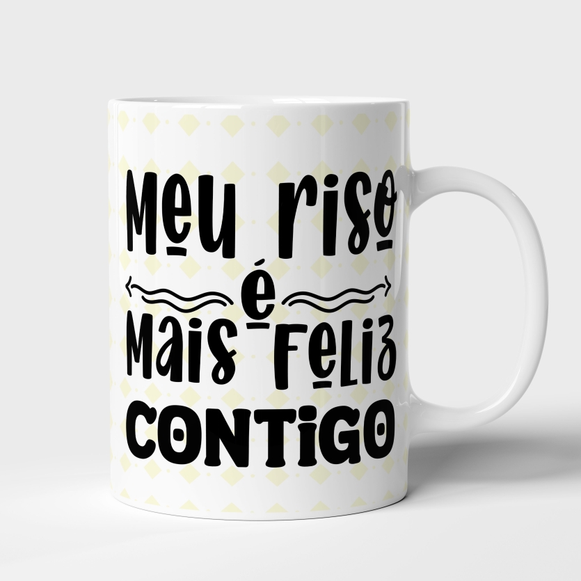 Caneca de Cerâmica Romântica - "Meu Riso é Mais Feliz Contigo"