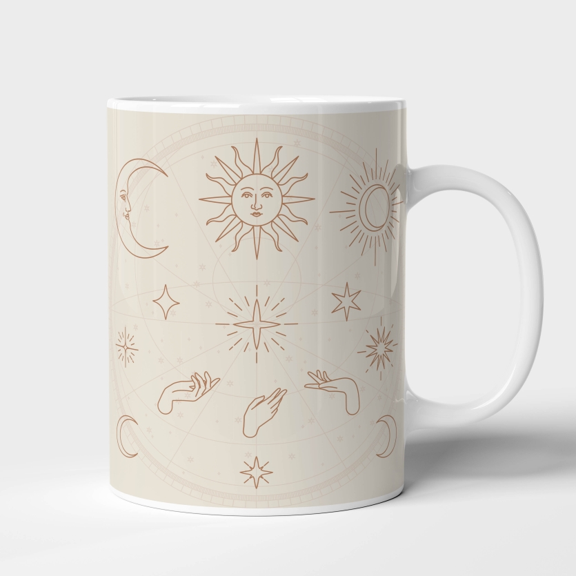 Caneca de Cerâmica Mística Símbolos de Lua e Sol nas Mãos