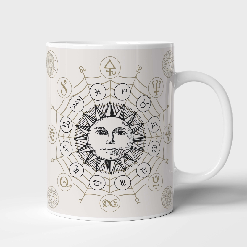 Caneca de Cerâmica Mística Símbolos de Todos os Signos com Sol no Meio