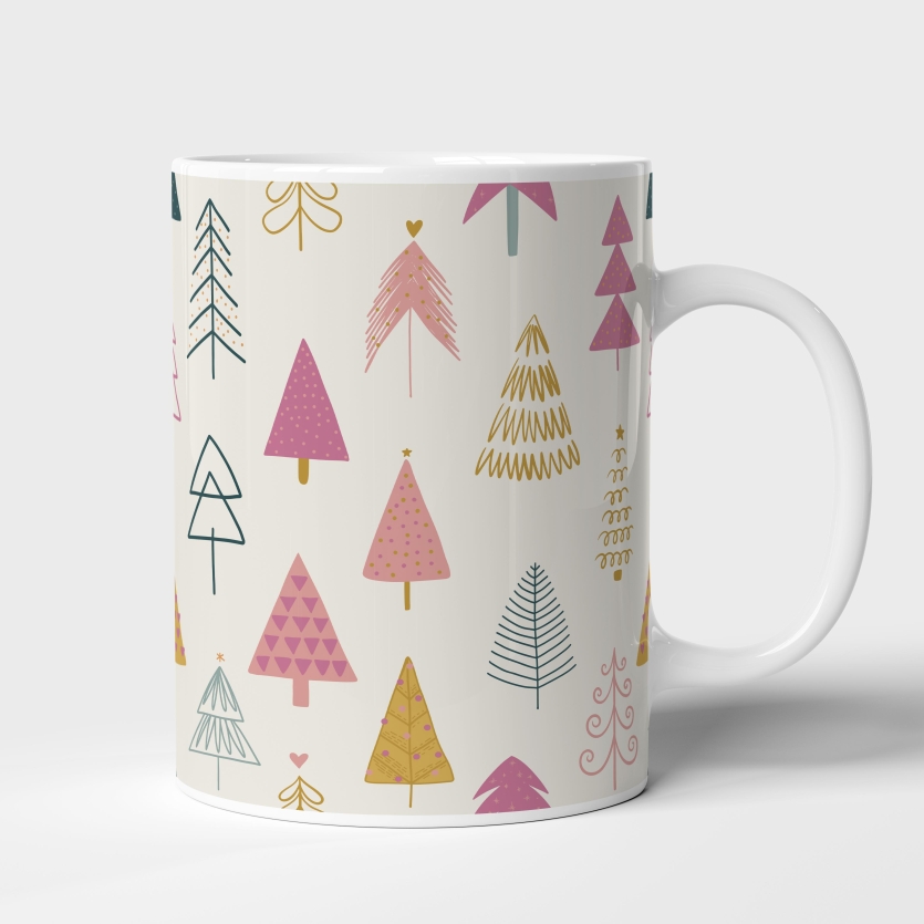 Caneca de Cerâmica "Natal Delicado" – Árvores Natalinas em Tons de Rosa e Dourado